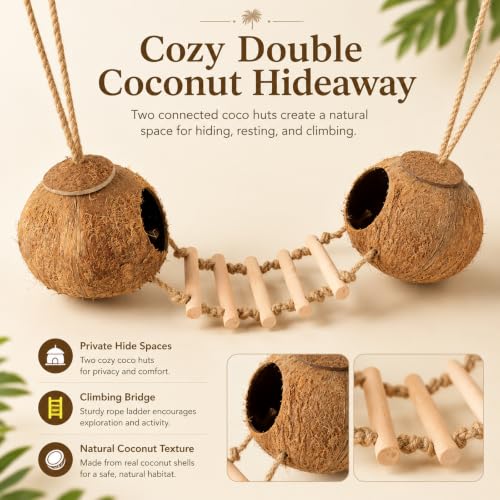 RUNANIA Crested Gecko Tank Accessories, Reptile Hanging Plants Vines with Natural Double Coconut Hideout & Climbing Ladder Decor for Hermit Crab Lizard Leopard Gecko Chameleon Snake Terrarium Decor - size: Large