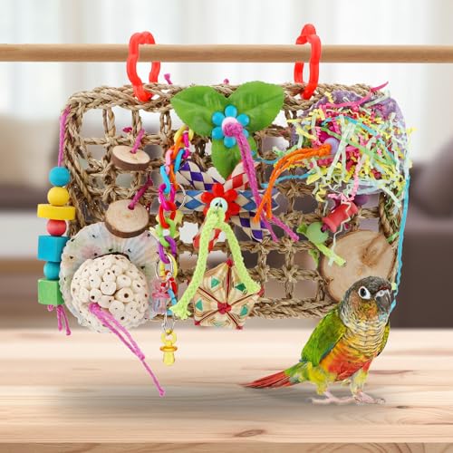 Hypeety Bird Toys Parrot Foraging Toys Bird Chew Toys Parakeet Shredding Seagrass Climbing Mat with Various Toys for Conure, Cockatiel, Lovebird, Parakeet, Budgie (M(Solla Ball)) - color: M(Solla Ball)
