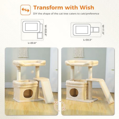 PEQULTI Small Cat Tree Tower for Indoor Cats with Large Perch, Beige - color: Beige, size: L Plus(19.3"L x 12.2"W)