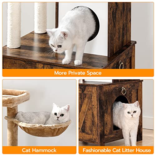 HOOBRO Cat Tree with Litter Box Enclosure for Indoor, Wooden Cat Condo with Scratching Posts, Hidden Litter Box Furniture, All-in-One Cat House, Rustic Brown FG15MZ03 - color: Rustic Brown