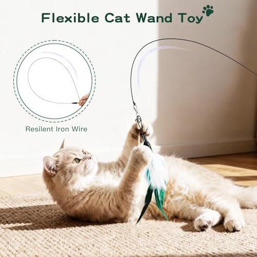 Pawaboo Cat Feather Wand Interactive Toy, 2 Feathers + 1 Wand with Bell - color: White & Green