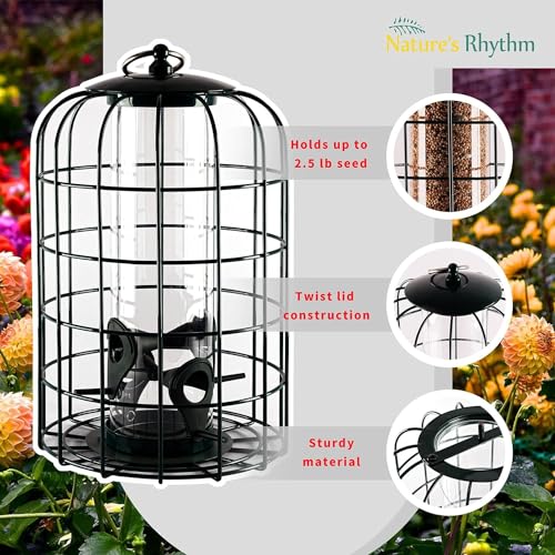 Nature's Rhythm Outdoor Hanging Bird Feeder Cage PC Tube Squirrel Proof Wild Bird Feeder with Large Metal Seed Guard Deterrent - size: PC Tube Bird Feeder