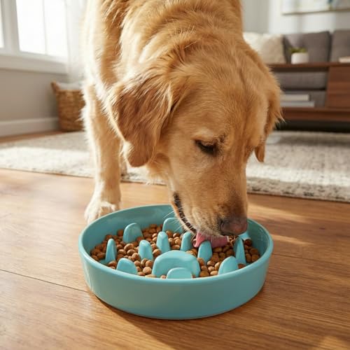 Ceramic 1.5 Cup for Small & Medium Breeds Slow Feeder Dog Bowl (Turquoise) - color: Turquoise