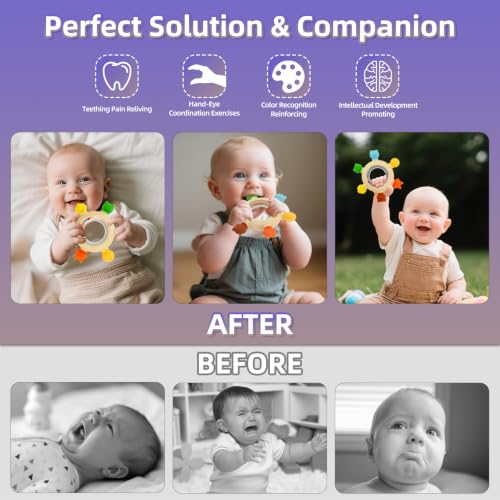 Baby Teething Rings Toys for 0-6 6-12 Months Animal Rattle Teether Toy