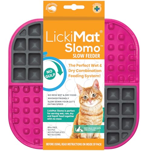 LickiMat Slomo, Cat Slow Feeder Lick Mat, Boredom Anxiety Reducer; Perfect for Food, Treats, Yogurt, or Peanut Butter. Fun Alternative to a Slow Feed Cat Bowl or Dish, Pink - color: Pink