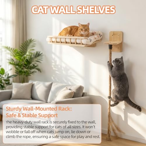 Wall-Mounted Cat Bed & 4.3ft Climbing Rope, with Soft Cushion & Cool Mat, Wall-Mounted Cat Furniture for Sleep Climb, Easy DIY Installation