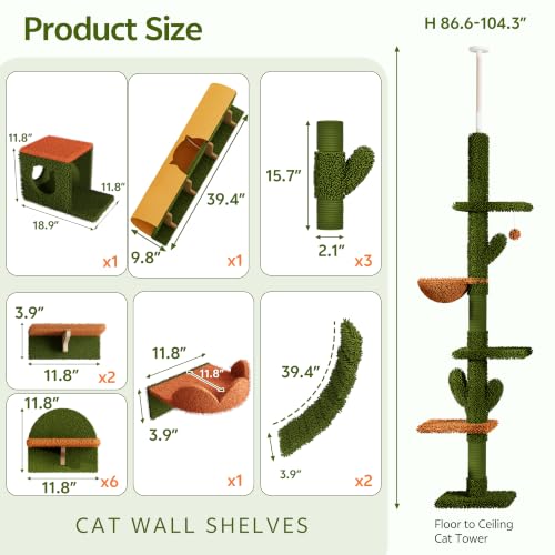 Cactus Floor to Ceiling Cat Tower, 17-in-1 Cat Wall Shelves, Green