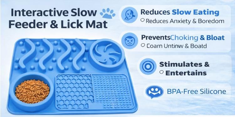 Silicone Dog Feeding Mat with Slow Feeder & Lick Pad for Dogs and Cats – Non-Slip Spill-Proof Pet Feeding Tray with Bowl Holder, Dishwasher Safe, Support, 12 x 8 Inch Blue - color: Blue