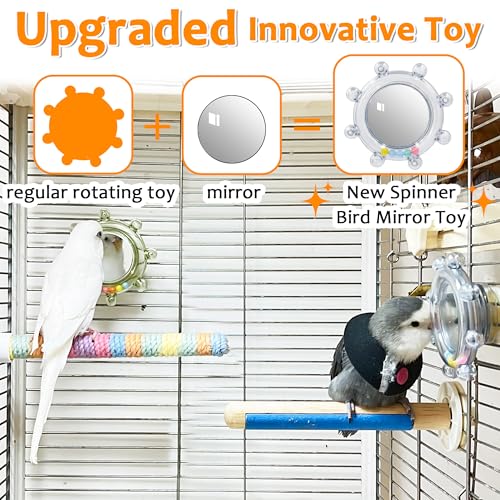 2Pcs Bird Toys with Mirror Spinner & Foraging Puzzle Slow Feeder Mats for Parakeet, Cockatiel, Budgie