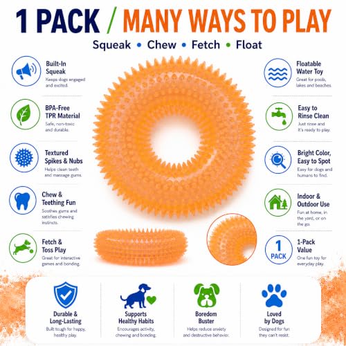 Squeaky Dog Toys for Aggressive Chewers, Floating Donut Ring for Large Dogs - color: Crystal Orange