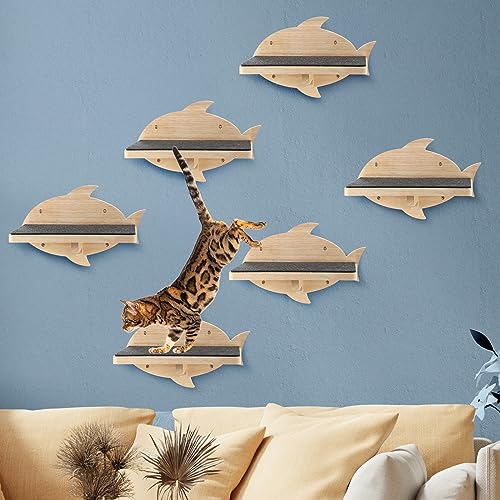 Lenwen 6 Set Cat Wall Shelves, Wood Cat Climbing Step, Wall Mounted,Fish - style: Fish