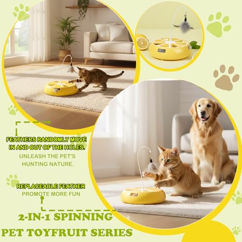 Puffluv Interactive Cat Toy,2 in 1Fruite Shape Toys with Electric Moving Concealed and Hanging Feathers Pop and Play Hide Seek, Hunting,Tpye-C Rechargeable-Yellow Lemon - color: Lemon Yellow