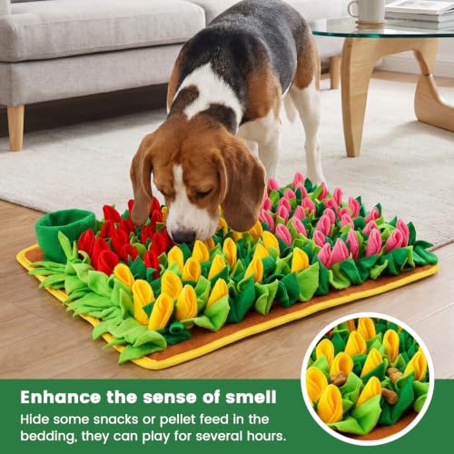 Snuffle Mat for Dogs and Small Pets, 22.8" x 15.4" Tulip Flower Interactive Foraging Feeding Mat, Portable Durable Polyester Nosework Pad, Slow Feeder Toy for Puppies, Rabbits, Cats and Hamsters