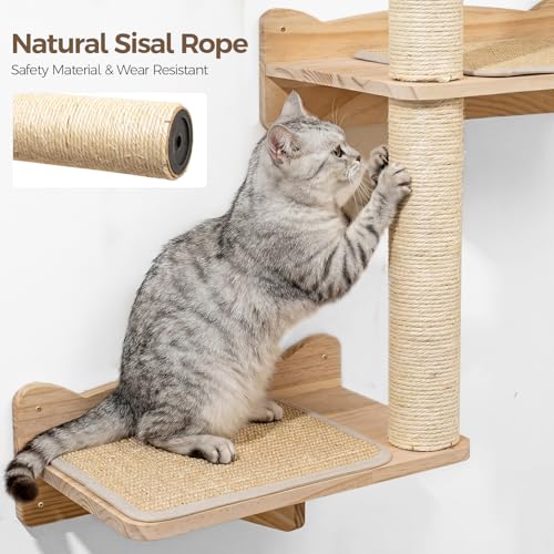 Cat Wall Shelves, 2-Tier Cat Shelves with Sisal Scratching Post, Sisal Mat Solid Pine Wood Wall Mounted Cat Climbing Furniture, Modular Design - size: 2-Tier
