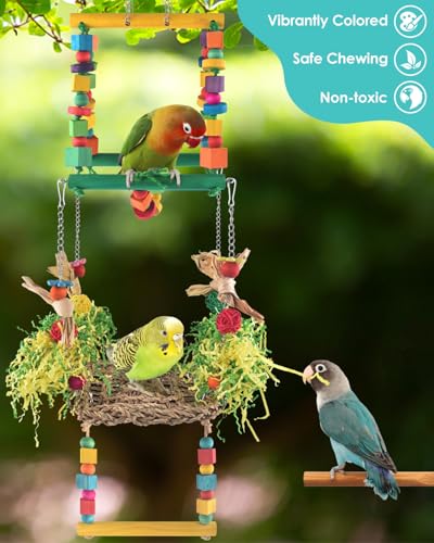 DBNESS Bird Hammock Toys Parakeet Perches Swing, 3in1 Detachable Parrot Cage Accessories, Wooden Hanging Chew Toys for Medium Conure Cockatiel Quaker Lory - size: 3 in 1