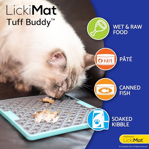 LickiMat Tuff Cat, Heavy-Duty Buddy, Cat Slow Feeder Lick Mat, Boredom Anxiety Reducer; for Food, Treats, Yogurt, or Peanut Butter. Fun Alternative to a Slow Feed Bowl or Dish, Turquoise