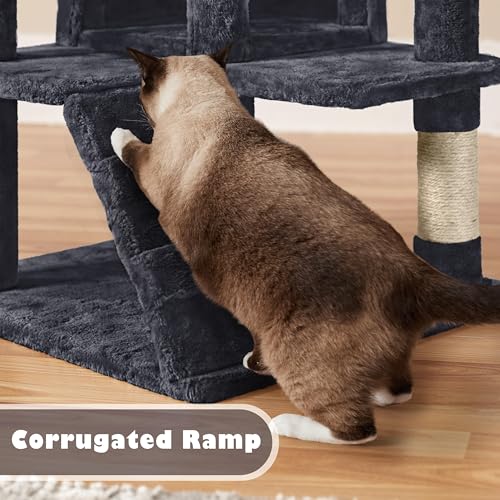 Yaheetech 54in Cat Tree Tower, 2 Caves, Kitten-Ear Perch & Scratching Posts - color: Black, size: 54in