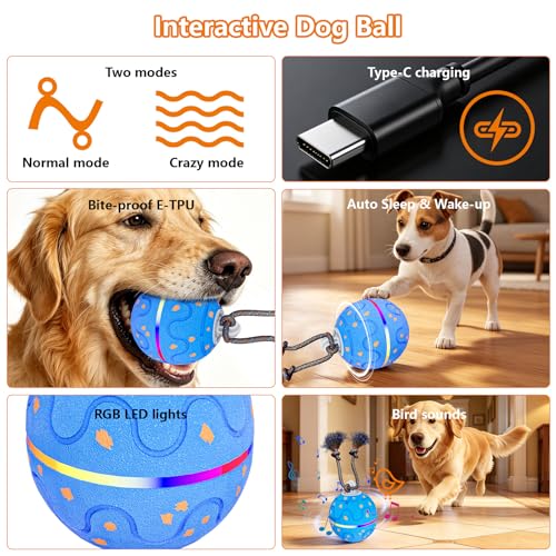 Interactive Dog Ball Toy with 2 Rope, Automatic Rolling & Bouncing Smart Dog Toy with Bird Chirping Sound and LED Light, Soft ETPU Chew-Safe Material, USB Rechargeable, for Medium & Large Dogs