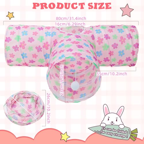BWOGUE Bunny Tunnels & Tubes, 3-Way Collapsible Rabbit Hideout for Bunnies - color: Pinkflower