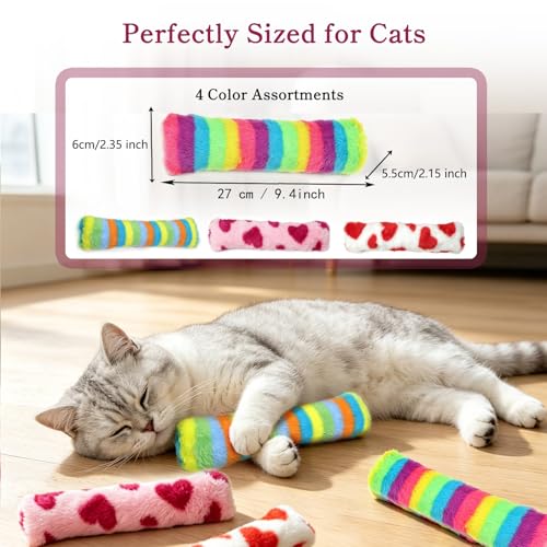 Plush Cat Pillow Toy with Catnip & Crinkle Paper, Interactive Kick Sticks for Cats, Soft Kitten Chew Bite Toys for Teeth Cleaning (Rainbow Stripe Red Heart Toys 4 Pack) - color: Rainbow Stripe Red Heart Toys 4 Pack