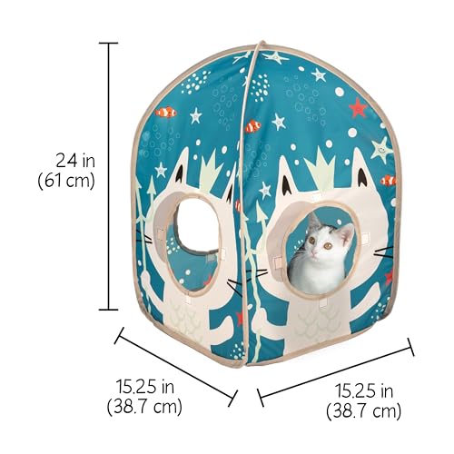Kitty City Ocean-Themed Pop-Up Cat House, Collapsible Indoor Cat Hideout with Peekaboo Openings, Lightweight Foldable Kitty Play Furniture for Play & Lounging