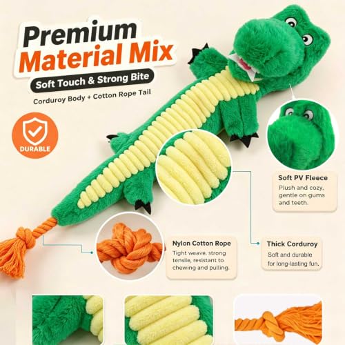 Dog Rope Toy Plush Squeaky Chew Tug of War Toy - Green Alligator - color: Green Alligator