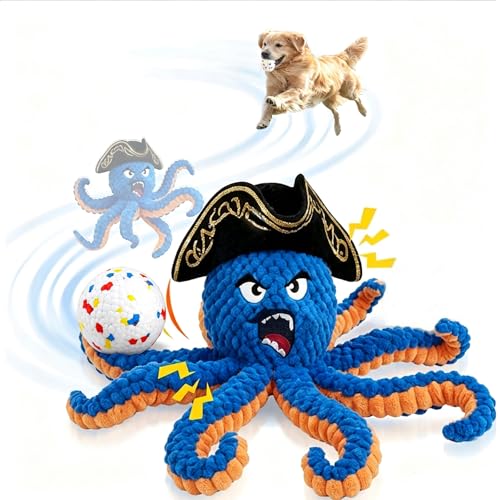2026 Interactive Dog Toys, Self Moving Octopus Dog Toy Set with 2 Balls - Automatic Wobble Ball & Durable Chew Ball, 4-in-1 Squeaky Plush Enrichment Toy to Keep Them Busy for Medium Large Dogs - color: Blue