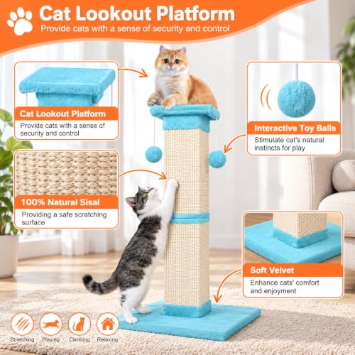 Cat Scratching Post 33 Inch Nature Sisal Cat Scratch Post for Indoor Cats, Large Cat Scratcher Protect Your Furniture, Cyan - color: Cyan