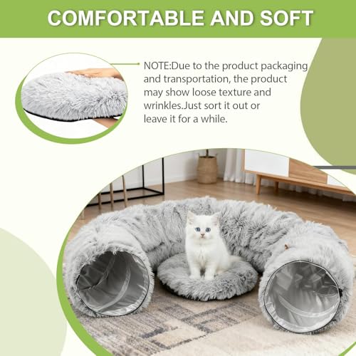 Cat Tunnel Bed for Indoor Cats, Plush Donut Tunnel with Washable Cushion