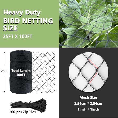 Bird Netting 25x100 FT, 1" Mesh Heavy Duty Garden Netting - size: 25' X 100' - 1" mesh