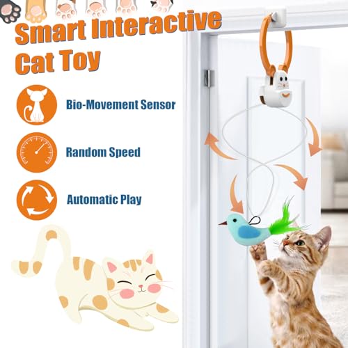Interactive Cat Toys for Indoor Cats, Automatic Flying Bird Feather Wand Toy for Chase Exercise Enrichment, Rechargeable Durable Safe Hanging Cat Toy for Bored Kittens & Adult Cats - color: Orange