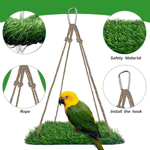 Square Artificial Grass Bird Foraging Mat, 10" x 10" Hanging Perch Platform, Bird Cage Accessories for Parakeets, Cockatiels, Budgies, Bearded Dragons & Small Pets