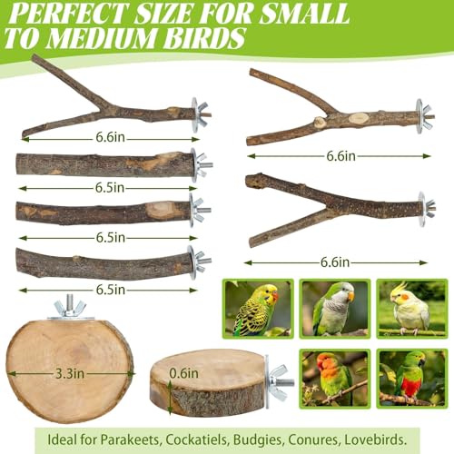 8-Piece Natural Wood Bird Perches for Budgie and Parakeet Cages - size: Core Perch & Platform - 8PCS