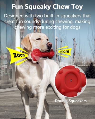 SCHITEC Squeaky Dog Chew Toy for Aggressive Chewers Large Breed, Tough Interactive Teething Rubber Bone for Big Medium Dogs - color: Red
