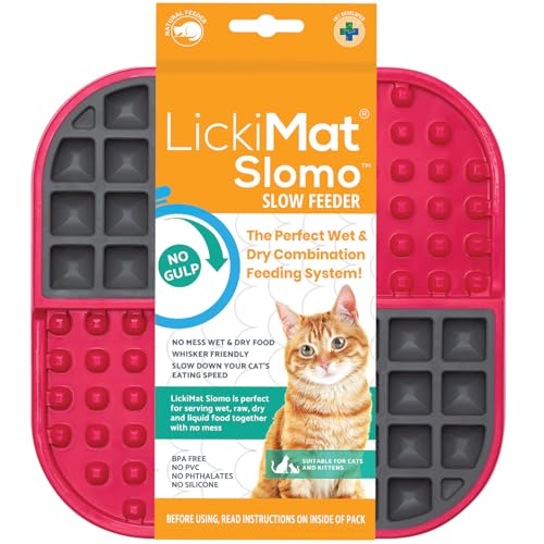 LickiMat Slomo, Cat Slow Feeder Lick Mat, Boredom Anxiety Reducer; Perfect for Food, Treats, Yogurt, or Peanut Butter. Fun Alternative to a Slow Feed Cat Bowl or Dish, Red - color: Red