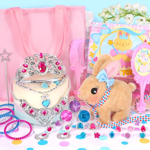 CatchCute Interactive Hopping Bunny Plush with Princess Jewelry Set
