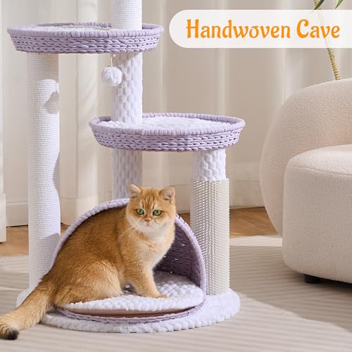 HITTITE Modern Cat Tree Tower with Scratching Post, 46 Inches Tall Cat Towers with Woven Cat Nests and Cave, Multi-Level Cat Tree With Removable Cushions and Massage Brush for Indoor Cats Large Adult. - color: 46"-Purple