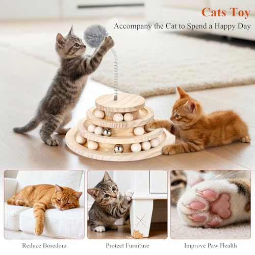 Large Upgraded Cat Track Ball Toy with Bell & Teaser Wand - 3-Layer Tower Roller, Interactive Wooden Cat Toy for Mental & Physical Exercise, Double Fun for Kittens & Adult Cats - size: 11.0
