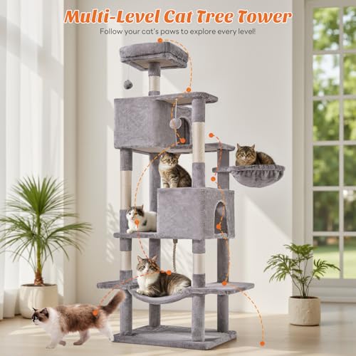 DUMOS Large 66 Inch Cat Tree Tower with Scratching Posts, Indoor Use - color: Light Grey, size: 66 Inch