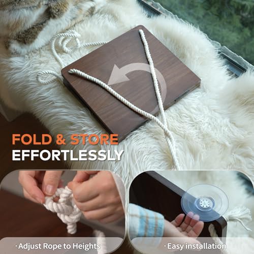 CHEERPALS Cat Window Perch for Indoor Cats, Wooden Cat Bed for Window with Washable Cushion, Hanging Kitty Hammock Suitable for Small-to-Large Cats