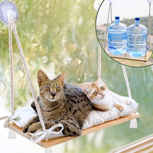 Large Cat Window Perch with Industrial-Grade Suction Cups – Solid Pine Wood Hammock Bed, Soft Cushion - 42 lb Capacity for Heavy Cats Inside - color: Beige, size: X-Large