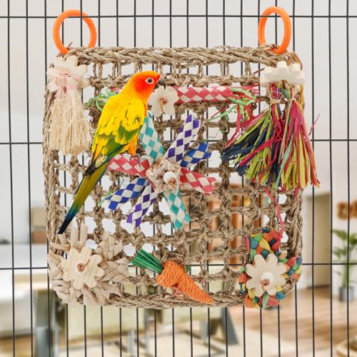 Hypeety Bird Toys Parrot Foraging Toys Bird Chew Toys Parakeet Shredding Seagrass Climbing Mat with Various Toys for Conure, Cockatiel, Lovebird, Parakeet, Budgie (L(Carrot)) - color: L(Carrot)