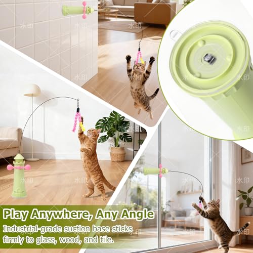 Interactive Cat Toys for Indoor Cats, Windmill Feather Cat Teaser Wand, Bouncy Kitten Toys with Strong Suction Cup Base for Bored Felines & Self-Played Enrichment Green - color: Green