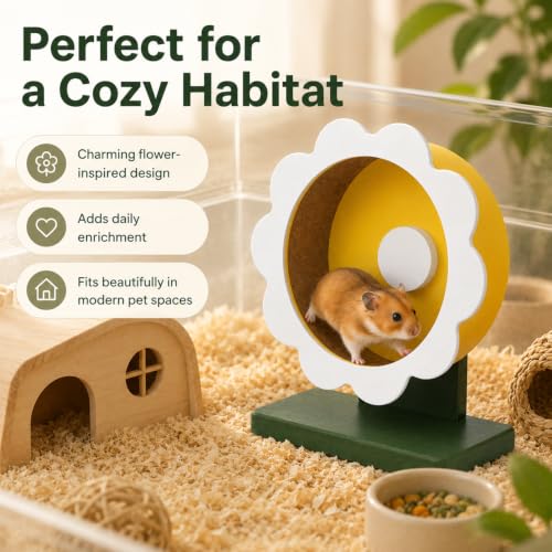 Novabright 9 Inch Hamster Wooden Silent Wheel, Flower Design Small Animal Exercise Wheel, Quiet Spinner Hamster Running Wheels Prevent Depression Toys for Hamsters, Gerbils, Mice and Other Small Pets