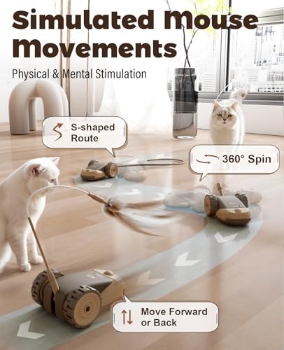 CYROS 3-in-1 Interactive Cat Toy - 2-Speed Automatic Moving Mouse Cat Toys Self Play with 2pcs Hanging Feather String Ribbon and Wiggly Silicone Mice Tail for Bored Indoor Adult Cats Kittens - color: Brown