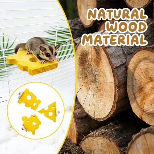 3 Pack Cheese-Themed Wooden Climbing Platforms with Mounting Kit - Multi-Level Cage Accessories for Sugar Gliders, Rats, Squirrels & Small Climbers