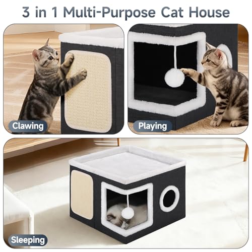 Shikha Cat House Bed for Indoor Cats with Fluffy Ball and Scratch Pad Black - color: Black, size: Large