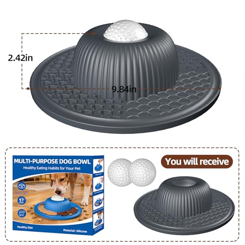 2-in-1 Dog Slow Feeder Bowl & Lick Mat with 2 Rotatable Balls, No-Slip Silicone Anxiety Relief Treat Mat for Dogs & Cats, Dishwasher Safe (Gray) - color: Gray