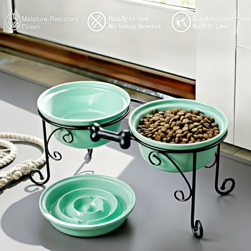 Elevated Dog Bowl Stand with 3 Large Ceramic Bowls – Raised Feeding Station for Medium & Large Dogs, Includes 2 Standard Bowls + 1 Slow Feeder, Durable Iron Frame, Non-Slip (Lucite Green) - color: Lucite Green