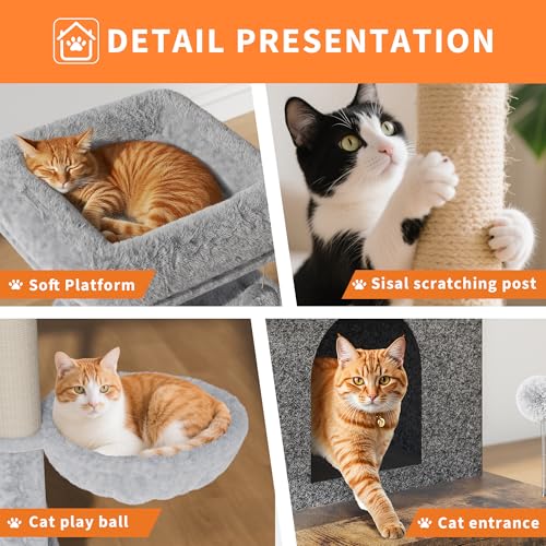 2-in-1 Cat Tree with Hidden Litter Box Enclosure, Multi-Level Cat Tower with Scratching Post and Dangling Balls, Spacious Hammock, Indoor Cat Condo, Rustic Brown